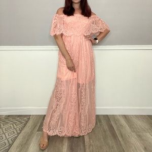 Pink lace off the shoulder maxi dress.